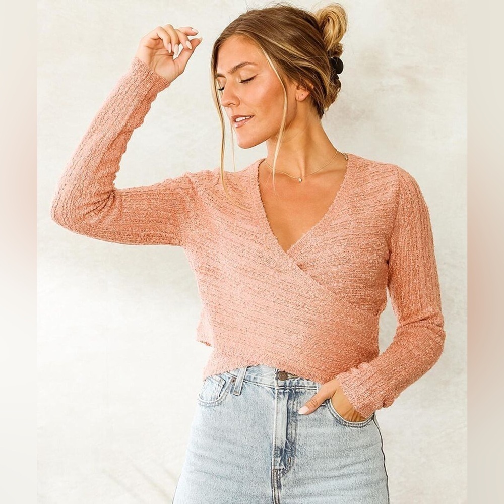 Le Lis Surplice Cropped Sweater Color:Mahogany Rose Size XL